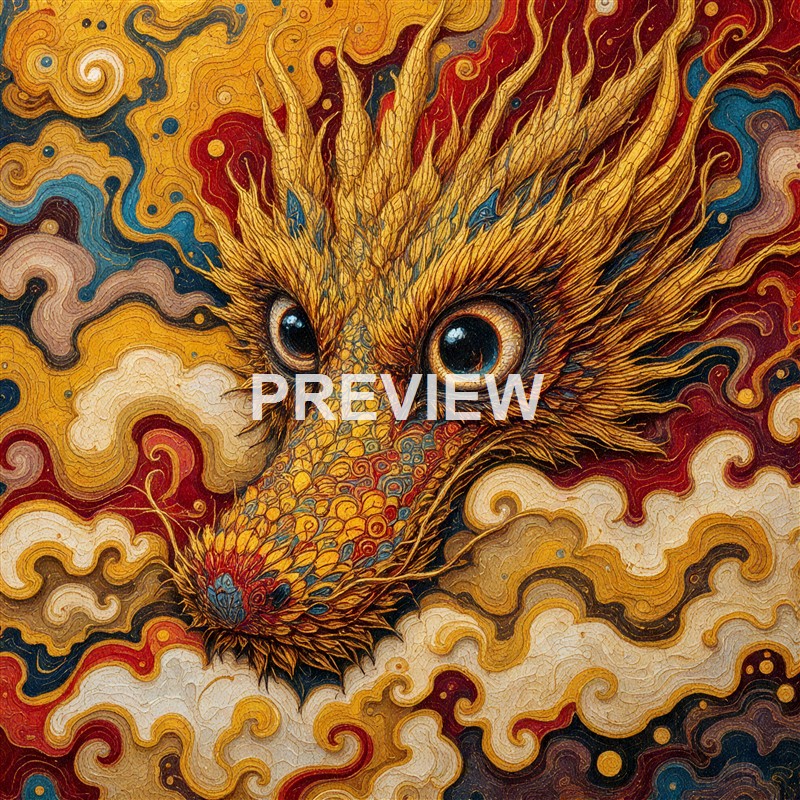 A highly detailed, stylized illustration of a creature with the features of a dragon or mythical beast, with large, expressive eyes, intricate scales, and fiery, swirling background elements.
